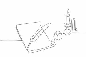 Single continuous line drawing a sheet of paper with quill. There is an inkwell to make writing easier. Recording culture through light language. World Poetry Day. One line design illustration vector
