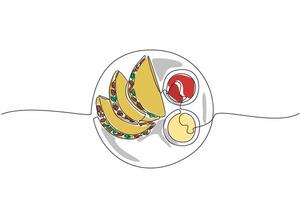 Continuous one line drawing three tacos served with two bowls of sauce on a round plate. Chili sauce. Mayonnaise. Addictive. National Crunchy Taco Day. Single line draw design illustration vector