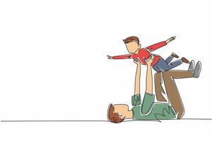Continuous one line drawing father lying on floor lifting son. Playing like an airplane. Responsible for taking care of child. National Single Parent Day. Single line draw design illustration vector