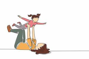 Single continuous line drawing mother lying on the floor lifting her daughter. Like an airplane. Play together. Pampering children. National Single Parent Day. One line design illustration vector