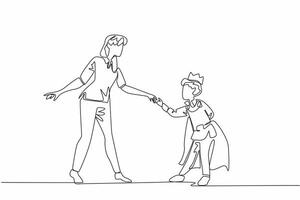 Continuous one line drawing boy bows hold mother's hand posing. Child treated like king. Mother treated like princess by child. National Single Parent Day. Single line draw design illustration vector