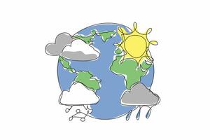 Single one line drawing globe with various weather prediction icons. The north is in summer. The south entering the rainy season. World Meteorological Day. Continuous line design graphic illustration vector