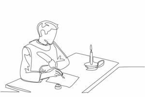 Single continuous line drawing man in medieval clothes writing on old paper. Writing rhyming poems. Writing metaphors with implied meanings. World Poetry Day. One line design illustration vector