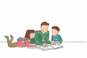 Single one line drawing father lying down reading book with son and daughter. Parenting by reading useful books. Taking wisdom. National Single Parent Day. Continuous line design graphic illustration vector