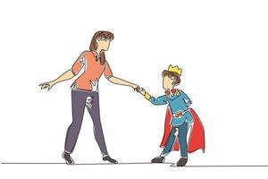 Continuous one line drawing boy bows hold mother's hand posing. Child treated like king. Mother treated like princess by child. National Single Parent Day. Single line draw design illustration vector