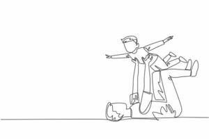 Continuous one line drawing father lying on floor lifting son. Playing like an airplane. Responsible for taking care of child. National Single Parent Day. Single line draw design illustration vector