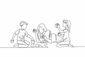 Single continuous line drawing mother lying on the floor playing building blocks with her daughter and son. Focus on caring. Cheerful. National Single Parent Day. One line design illustration vector