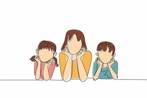Single one line drawing mother flanked by daughter and son lying down holding chin. Posing in front of the camera. Selfie. National Single Parent Day. Continuous line design graphic illustration vector