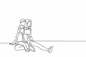 Continuous one line drawing mother sits on the floor holding her daughter. Her son hugs from behind. Try to be fair. Loving. National Single Parent Day. Single line draw design illustration vector