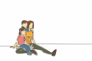 Continuous one line drawing mother sits on the floor holding her daughter. Her son hugs from behind. Try to be fair. Loving. National Single Parent Day. Single line draw design illustration vector