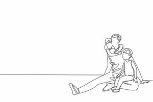 Single one line drawing father sit on the floor holding son. Girls hug from behind. Relieve fatigue by playing with children. National Single Parent Day. Continuous line design graphic illustration vector