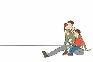 Single one line drawing father sit on the floor holding son. Girls hug from behind. Relieve fatigue by playing with children. National Single Parent Day. Continuous line design graphic illustration vector