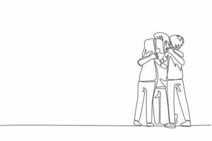 Single one line drawing mother kneels down hugging her daughter and son. Always miss the warmth of a hug. With beloved children. National Single Parent Day. Continuous line design graphic illustration vector