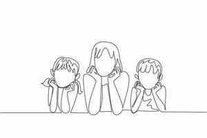 Single one line drawing mother flanked by daughter and son lying down holding chin. Posing in front of the camera. Selfie. National Single Parent Day. Continuous line design graphic illustration vector