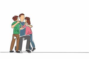 Continuous one line drawing father knelt down to hug his daughter and son. Play and have fun together. Pleasant. Parenting. National Single Parent Day. Single line draw design illustration vector