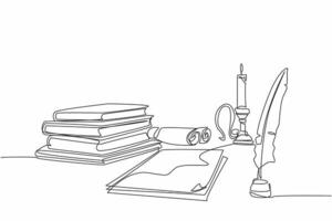 Continuous one line drawing of stack of books, sheets of paper, rolls of paper in one frame. Classical era writing instrument. Quill. World Poetry Day. Single line draw design illustration vector