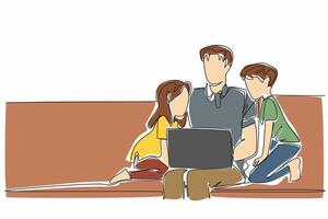 Single continuous line drawing father open laptop on sofa accompanied by son and daughter. Working from home. Parenting. Caring. Loving. National Single Parent Day. One line design illustration vector