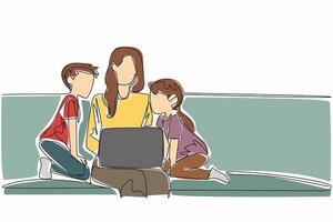 Single continuous line drawing mother opens laptop on sofa with her daughter and son. Bringing work to home. Missing the kids so much. National Single Parent Day. One line design illustration vector
