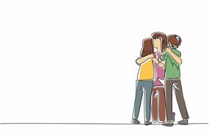 Single one line drawing mother kneels down hugging her daughter and son. Always miss the warmth of a hug. With beloved children. National Single Parent Day. Continuous line design graphic illustration vector
