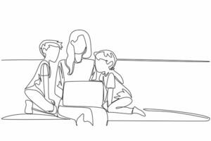 Single continuous line drawing mother opens laptop on sofa with her daughter and son. Bringing work to home. Missing the kids so much. National Single Parent Day. One line design illustration vector