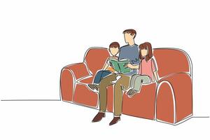 Single one line drawing father reading a book while hugging his daughter and son. Inspirational story of children. Good example. National Single Parent Day. Continuous line design graphic illustration vector