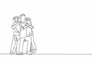 Continuous one line drawing father knelt down to hug his daughter and son. Play and have fun together. Pleasant. Parenting. National Single Parent Day. Single line draw design illustration vector