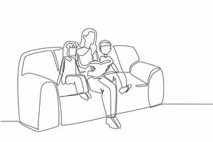 Continuous one line drawing mother reading a book on the sofa while hugging her daughter and son. Reading inspirational stories. National Single Parent Day. Single line draw design illustration vector
