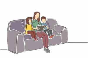 Continuous one line drawing mother reading a book on the sofa while hugging her daughter and son. Reading inspirational stories. National Single Parent Day. Single line draw design illustration vector