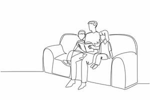 Single one line drawing father reading a book while hugging his daughter and son. Inspirational story of children. Good example. National Single Parent Day. Continuous line design graphic illustration vector