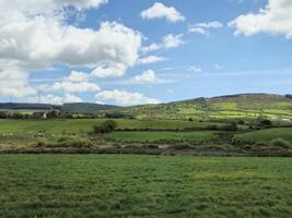 Cloudy Sky Over Mountainous Grassland with Trees and Plants photo
