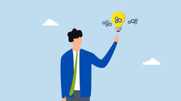 Innovation idea, 4k animation of businessman showcasing a novel lightbulb featuring cogs and gears to create new technology aimed at resolving business challenges. video