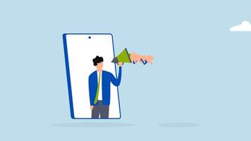 Internet hater, 4k animation of angry young man using megaphone while shouting from mobile phone with negative thumbs down icons. video