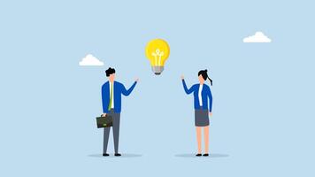 Bright idea to solve problem, 4k animation of businessman and a businesswoman brainstorming with a brilliant lightbulb concept. video