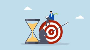 Business strategy, 4k animation of businessman using a computer sits on a goal with a chess knight and an hourglass. video