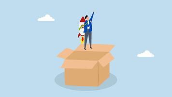 tror utanför de låda, 4k animering av affärsman ta av från öppen behållare använder sig av raket motor. video