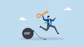 Debt free, 4k animation of joyful entrepreneur grasping a golden key after breaking free from debt chains. video
