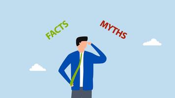 Myths vs Facts, 4k animation of Perplexed and uncertain businessman pondering with intrigue contrasts between truths or fables. video