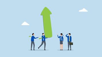 Business growth and risk to fall down, 4k animation of businessman holds large upward arrow alongside a colleague. video
