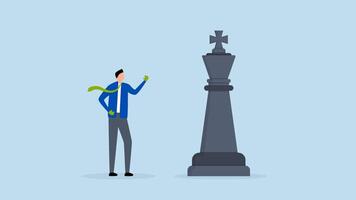 Challenge and strategy to win business competition, 4k animation of entrepreneur with boxing glove battles large chess king. video