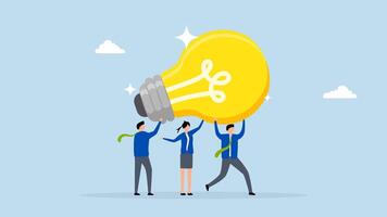 Innovation idea to drive team success, 4k animation of Professionals collaborating assist in supporting a large, clever bulb innovation concept. video