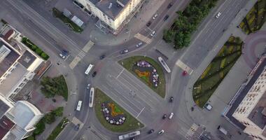 An aerial view shows a complex roundabout in an urban area with many connecting roads. Stock Clip video