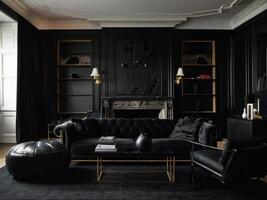 Dark Living Room With Black Furniture And Gold Accents photo