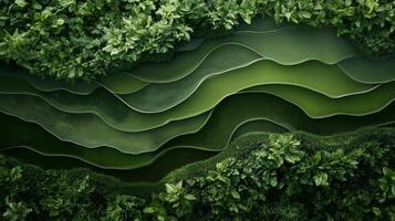 Lush green landscape with layered textures showcasing vibrant plant life and natural patterns in a tranquil setting photo