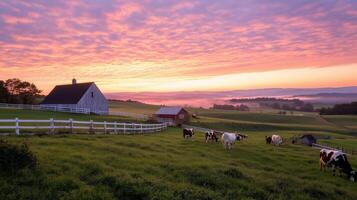 Cows grazing peacefully on a farm at sunrise with colorful clouds in the background photo