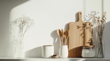 Kitchen shelf showcasing wooden utensils and dried flowers with soft sunlight creating gentle shadows in a cozy home setting photo