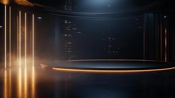 Modern stage design featuring dramatic lighting and empty performance area in a futuristic setting photo
