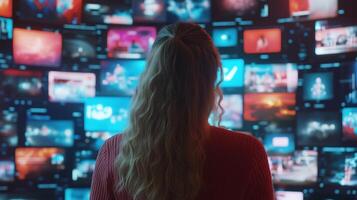 Person analyzes multiple digital screens displaying vibrant content in a modern workspace photo