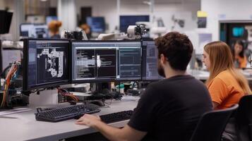 Students work on coding projects in a modern computer lab during a collaborative learning session photo