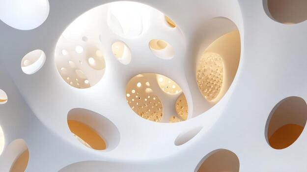 Intricate architectural design featuring a white structure with circular openings illuminated by soft light photo