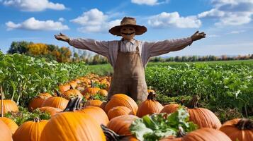 Scarecrow stands proudly among ripe pumpkins on a sunny autumn day in a vast pumpkin patch photo
